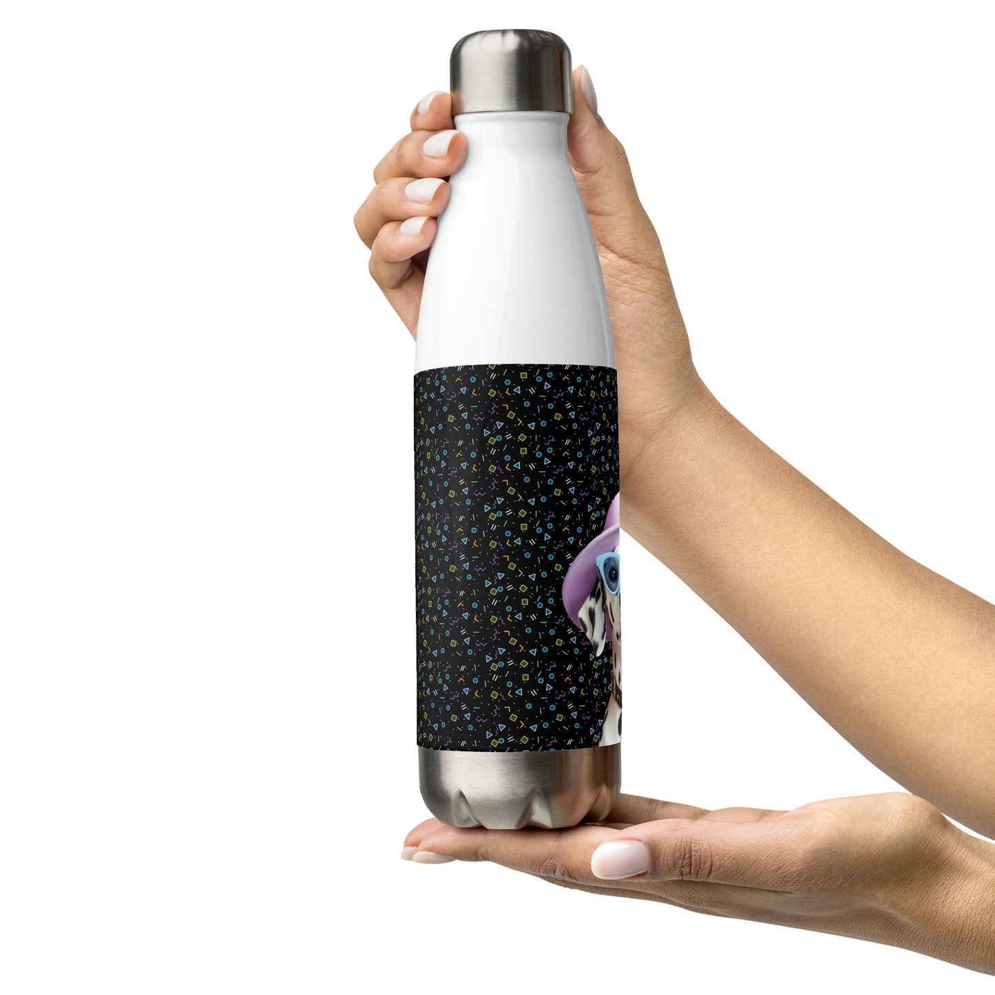 Bouteille personnalisée blanche, figures géométriques côté droit