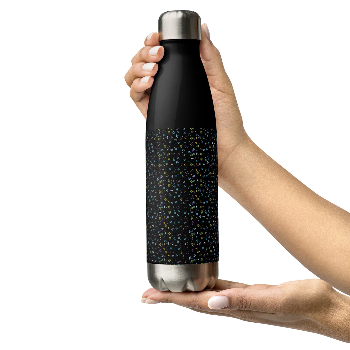 Bouteille personnalisée noire, figures géométriques derrière